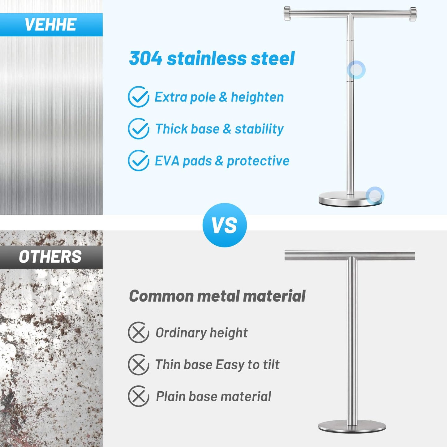 VEHHE T-Shape Hand Towel Holder for Bathroom, Height Adjustable Hand Towel Stand, SUS304 Stainless Steel Towel Holder Stand Non-Slip for Adults, Children(Silver)