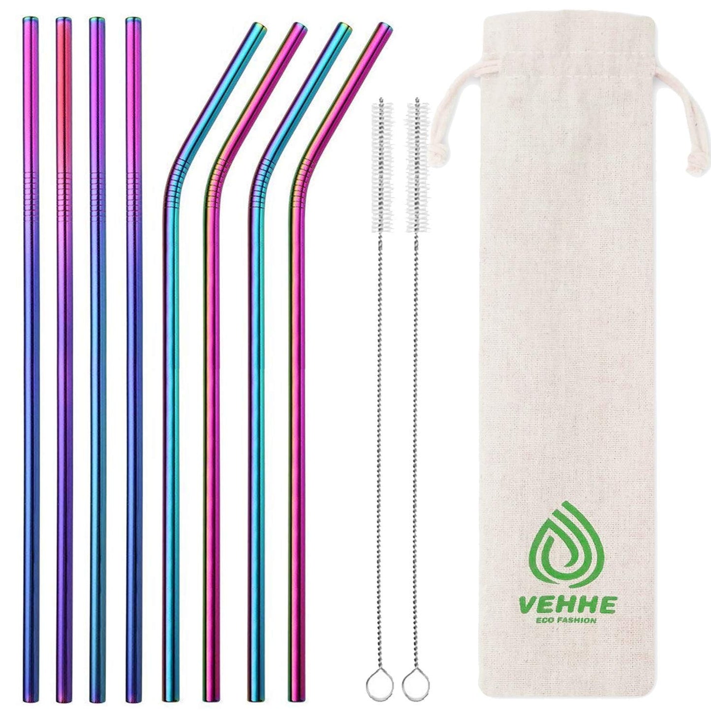 VEHHE Reusable Straws Stainless Steel Dazzling 8 Set with Brush Portable Bag