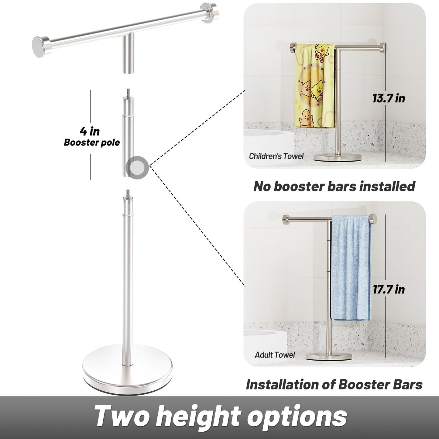 VEHHE T-Shape Hand Towel Holder for Bathroom, Height Adjustable Hand Towel Stand, SUS304 Stainless Steel Towel Holder Stand Non-Slip for Adults, Children(Silver)
