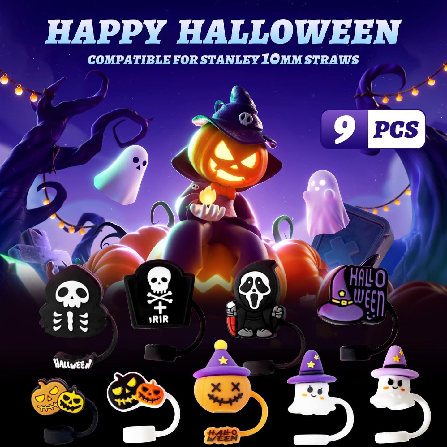 VEHHE® 9PCS 10mm Halloween Straw Toppers for Stanley Cup
