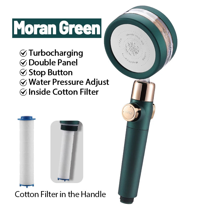 VEHHE Double Panel Luxury Shower Head with Fan Turbocharged Batheroom Filter Shower Nozzle Silver Green Black Rain Shower