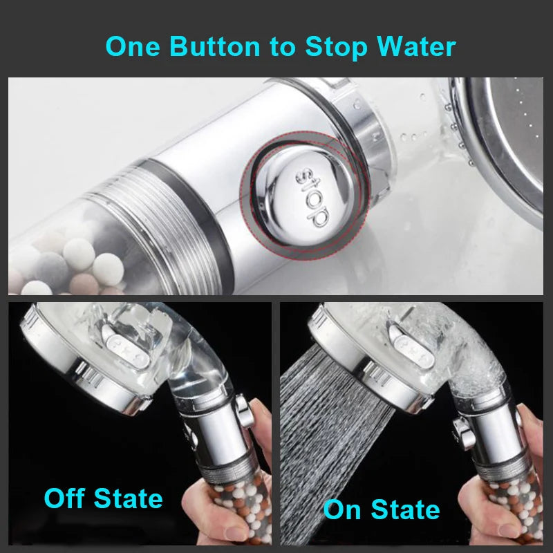 VEHHE 3-Function SPA Shower Head Stop Switch Bathroom Water Saving Spray Nozzle ABS Anion Filter High Pressure