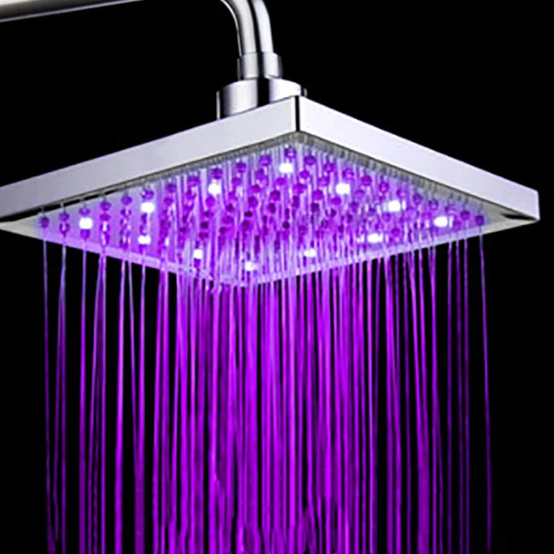 VEHHE 8 Inch Square Rainfall Bath Ceiling Shower Light Water Temperature Led Shower Head Wall Mounted Bathroom Accessories