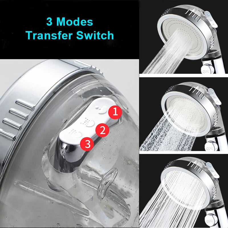 VEHHE 3-Function SPA Shower Head Stop Switch Bathroom Water Saving Spray Nozzle ABS Anion Filter High Pressure