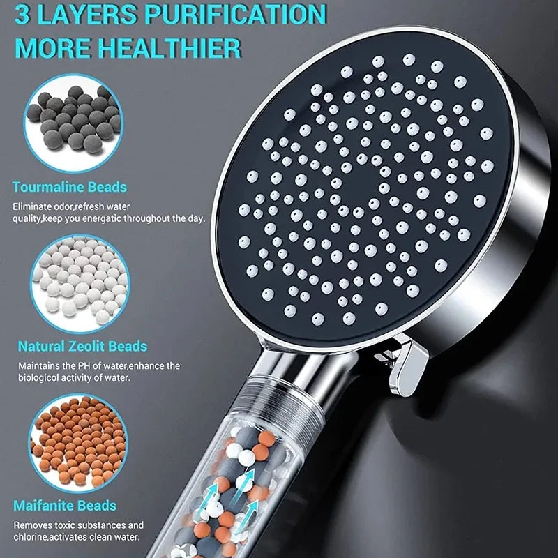 VEHHE Water Saving Six Functions High Press Shower Head Handheld Powerful Flow Shower Heads with Beads Filter Pressure Boost