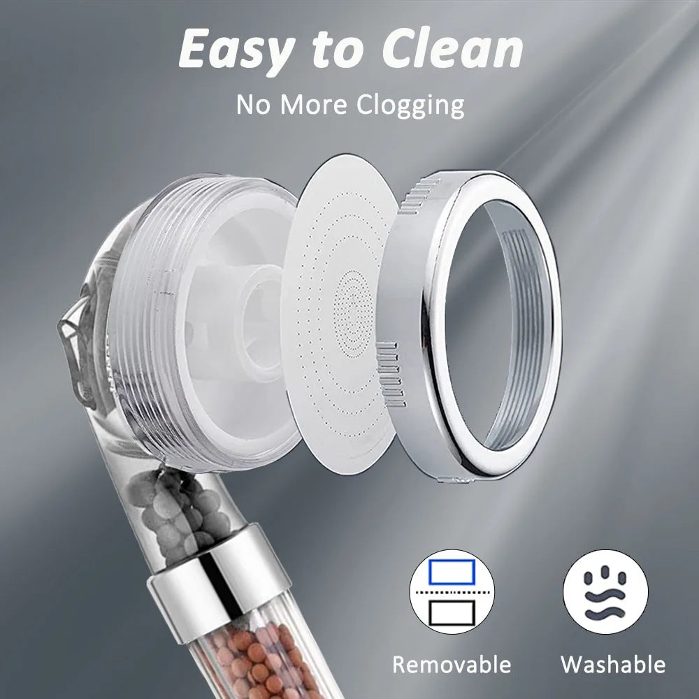 VEHHE 3 Modes Bath Shower Adjustable Jetting Shower Head High Pressure Saving Water Bathroom Anion Filter Shower SPA Nozzle