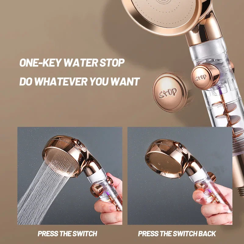 VEHHE New High Pressure 3-function Turbo Handle SPA Shower Head Rainfall with Switch on/Off Button Water Saving Showerhead