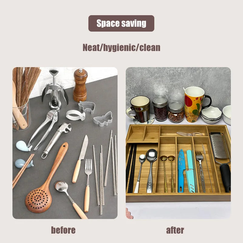 VEHHE Bamboo Kitchen Utensil Holders racks Drawer Tableware Storage Box Wood Organizer Kitchen Tools Knife Fork Spoon Case Container