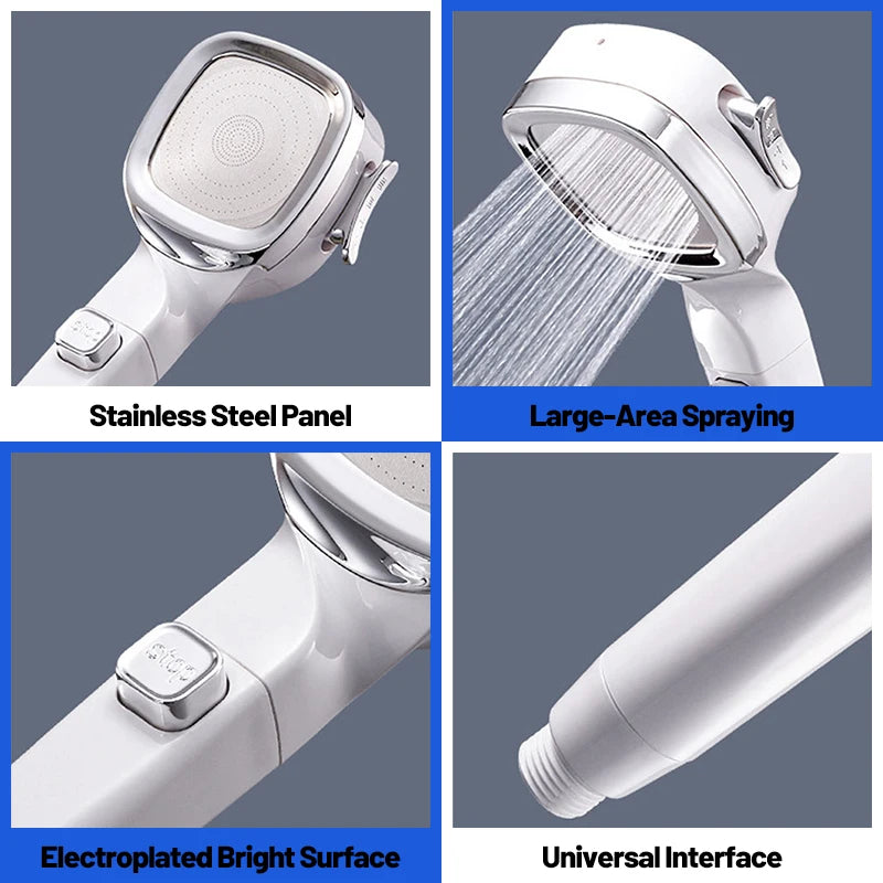 VEHHE Square 4 Modes High Pressure Shower Head Water Saving Remove Chlorine Gas Filter Cotton Stop Button Hose Bathroom Accessories