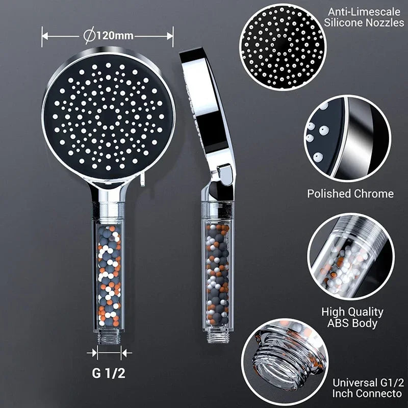 VEHHE Water Saving Six Functions High Press Shower Head Handheld Powerful Flow Shower Heads with Beads Filter Pressure Boost