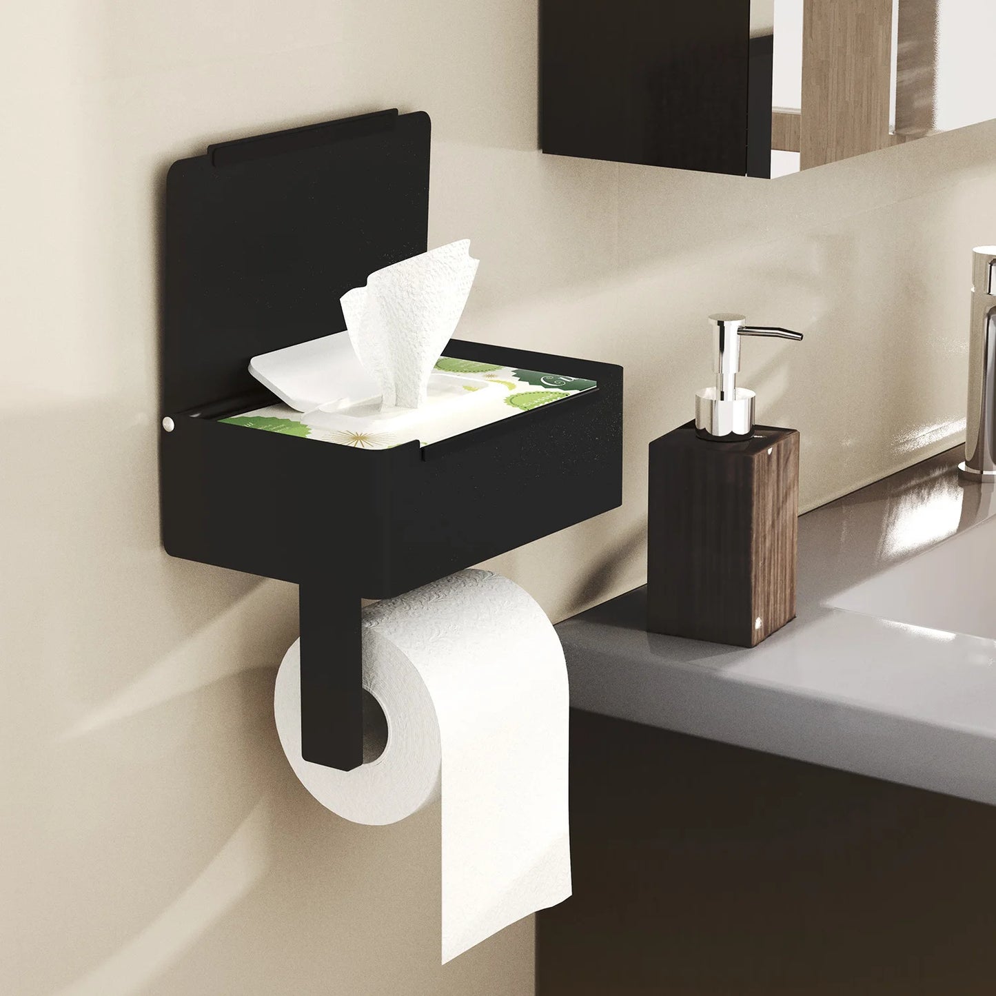 VEHHE VEHHE Toilet Paper Holder With Shelf Adhesive or Screw Toilet Black Paper Roll Holder Wall Mount with Storage