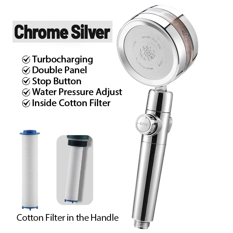 VEHHE Double Panel Luxury Shower Head with Fan Turbocharged Batheroom Filter Shower Nozzle Silver Green Black Rain Shower