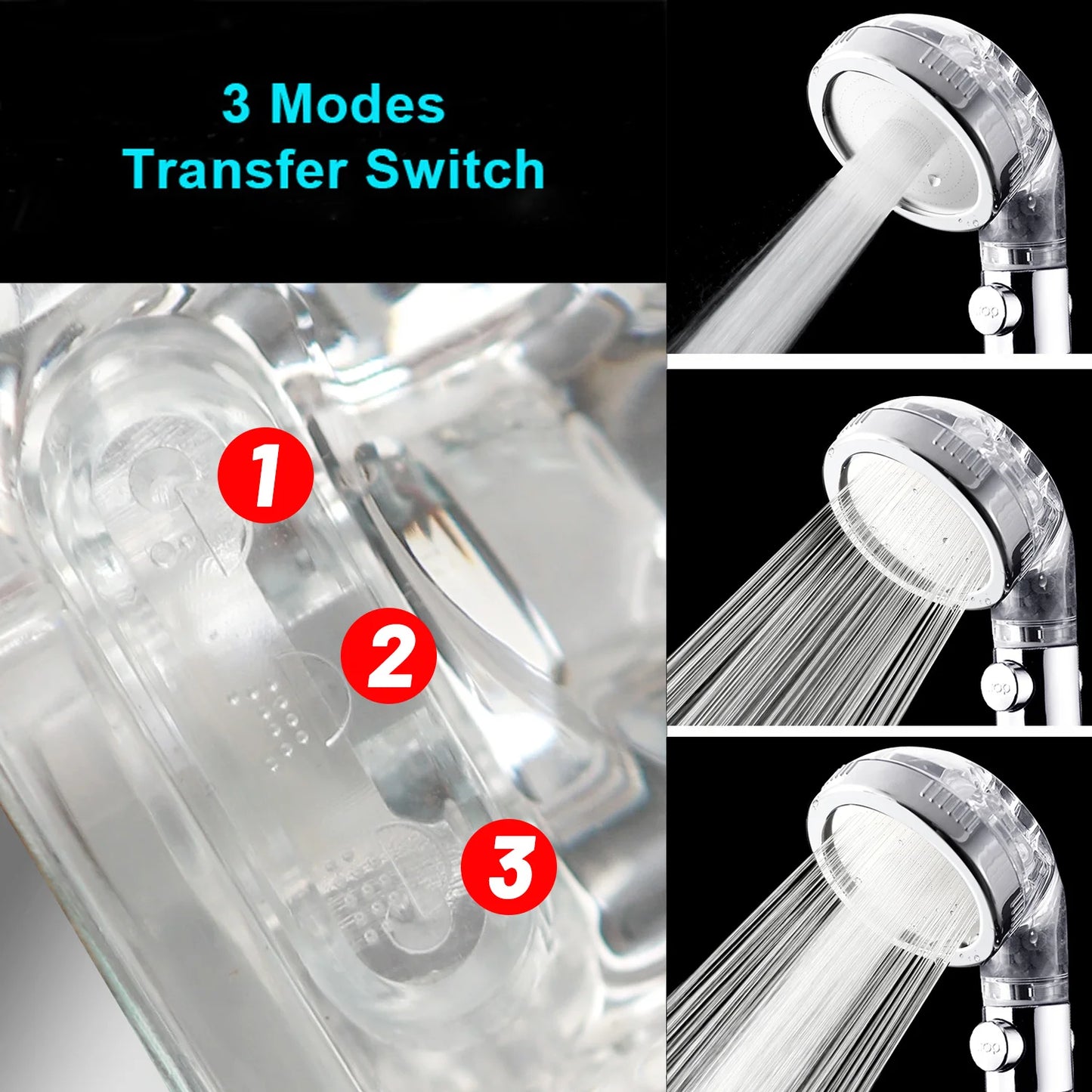 VEHHE 3 Modes Adjustable High Pressure Shower Head Replaceable Beads Filter Spa Bathroom Accessary Showerhead Water Saving Stop Button