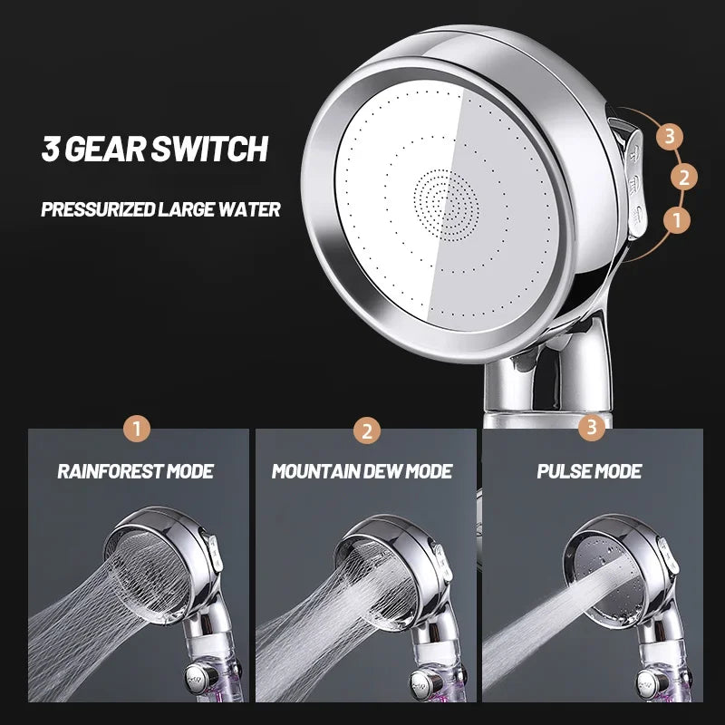 VEHHE New High Pressure 3-function Turbo Handle SPA Shower Head Rainfall with Switch on/Off Button Water Saving Showerhead