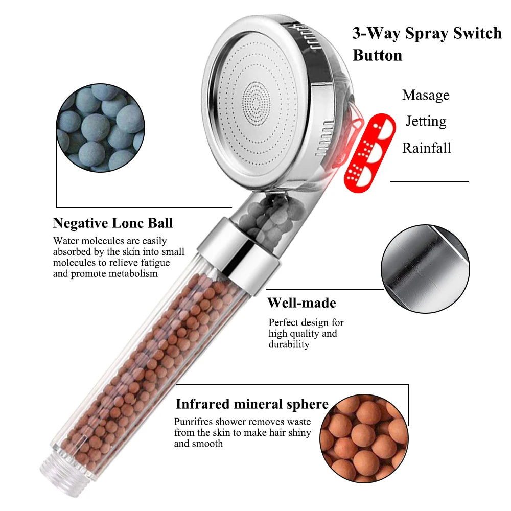 VEHHE 3 Modes Bath Shower Adjustable Jetting Shower Head High Pressure Saving Water Bathroom Anion Filter Shower SPA Nozzle
