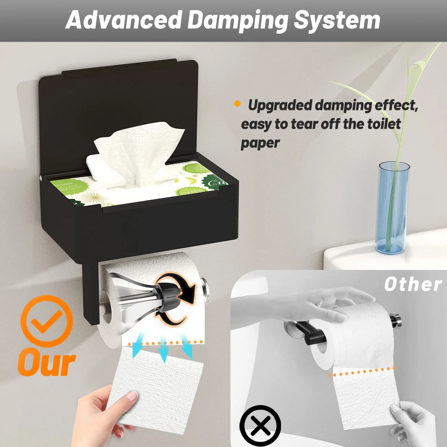 VEHHE VEHHE Toilet Paper Holder With Shelf Adhesive or Screw Toilet Black Paper Roll Holder Wall Mount with Storage