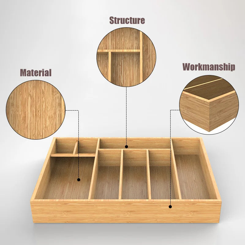 VEHHE Bamboo Kitchen Utensil Holders racks Drawer Tableware Storage Box Wood Organizer Kitchen Tools Knife Fork Spoon Case Container