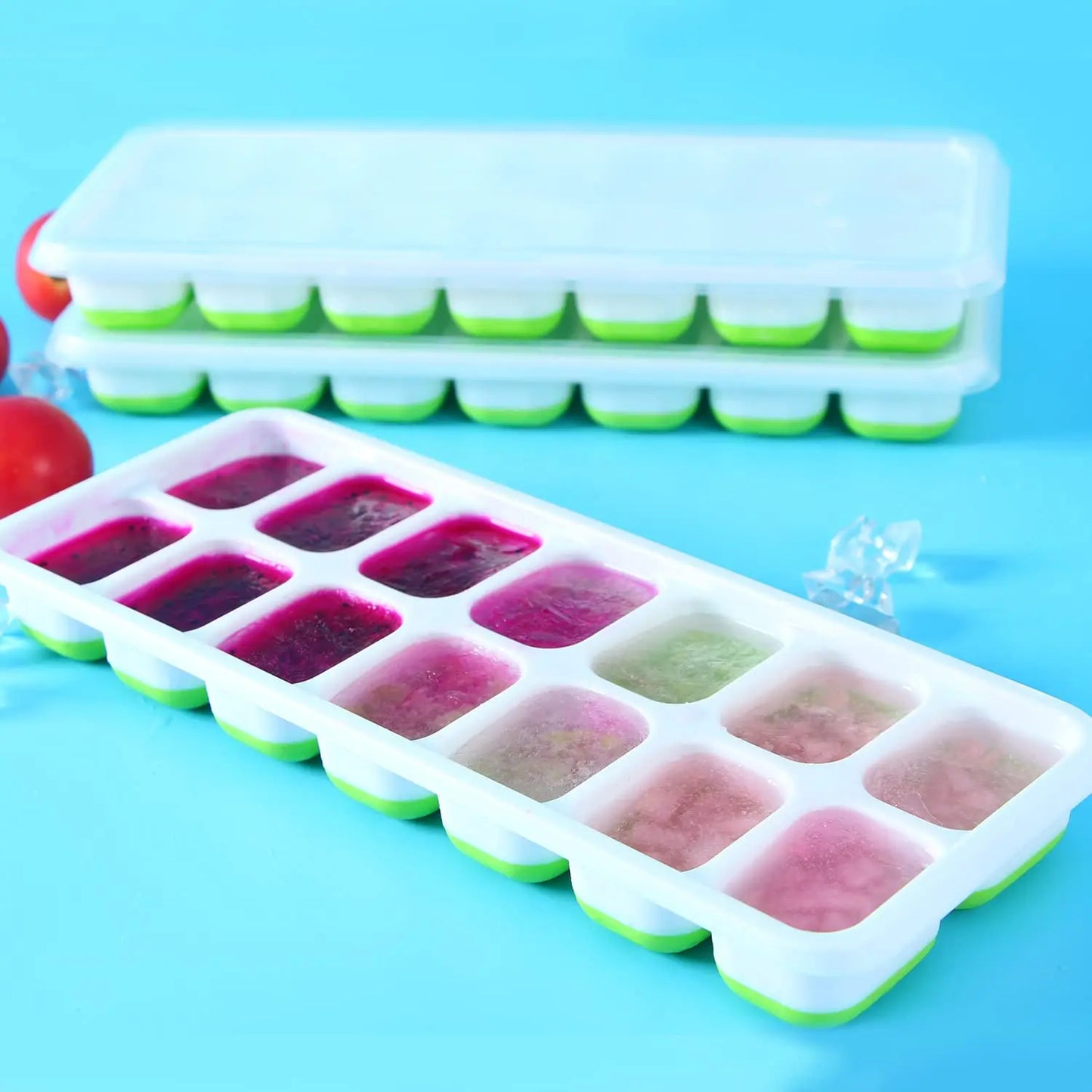 VEHHE 3pack Ice Cube Tray Silicone 14Ice Mold Pudding Ice Cream Mould with Spill-Resistant Removable Lid for Summer Drink kitchen tool