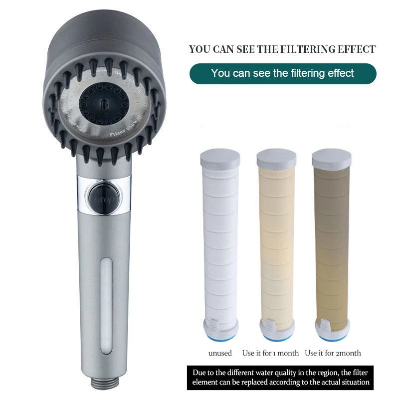 VEHHE High Pressure 3-Mode Message Shower Head With Stop Button Handheld Water Saving Spray Nozzle Bathroom Accessories