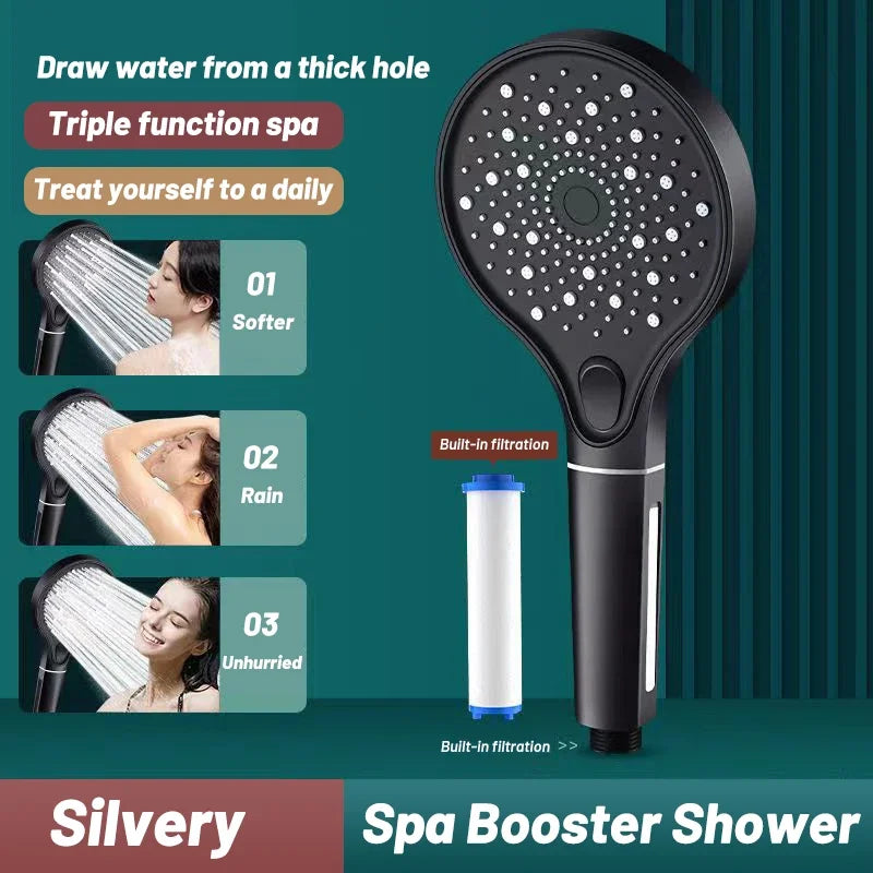 VEHHE Large Panel Black Shower Head High Pressure Filter Rainfall Modes Adjustable Handheld Silicone Water Outlet Bathroom Shower Set