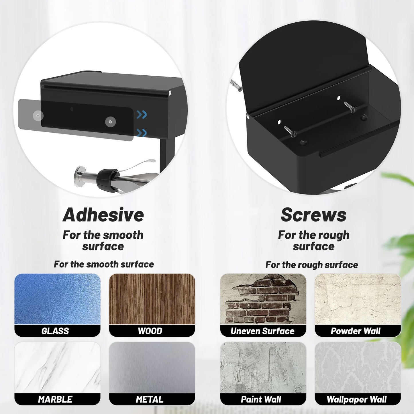 VEHHE VEHHE Toilet Paper Holder With Shelf Adhesive or Screw Toilet Black Paper Roll Holder Wall Mount with Storage