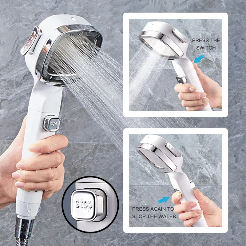 VEHHE Square 4 Modes High Pressure Shower Head Water Saving Remove Chlorine Gas Filter Cotton Stop Button Hose Bathroom Accessories
