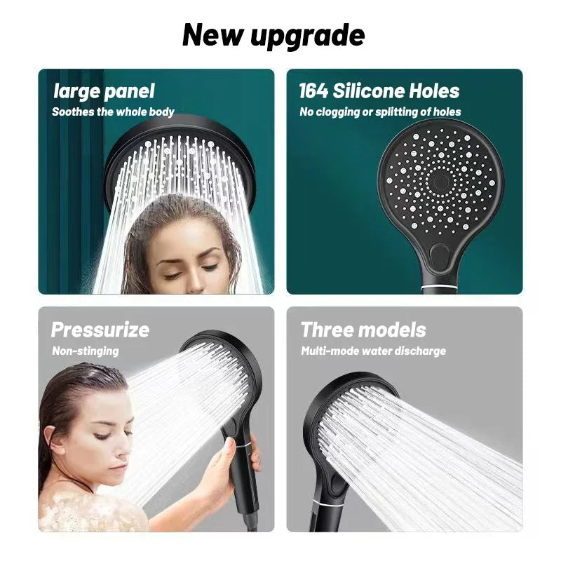 VEHHE Large Panel Black Shower Head High Pressure Filter Rainfall Modes Adjustable Handheld Silicone Water Outlet Bathroom Shower Set