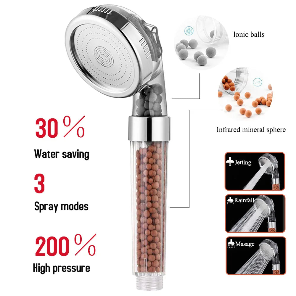VEHHE 3 Modes Bath Shower Adjustable Jetting Shower Head High Pressure Saving Water Bathroom Anion Filter Shower SPA Nozzle