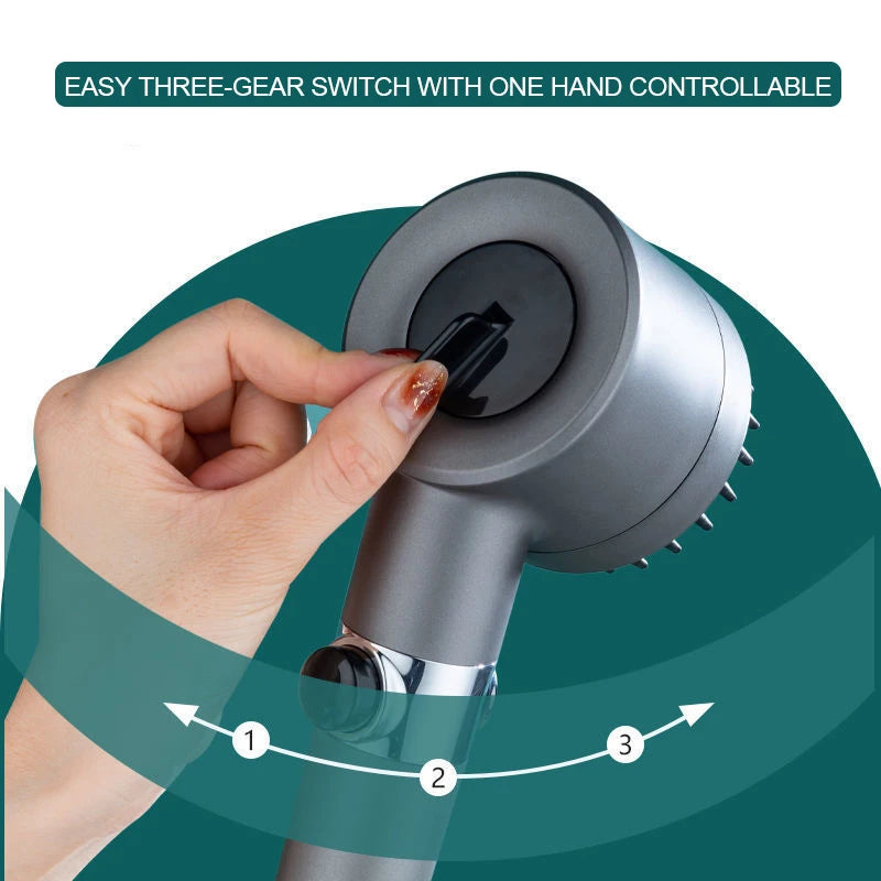 VEHHE High Pressure 3-Mode Message Shower Head With Stop Button Handheld Water Saving Spray Nozzle Bathroom Accessories