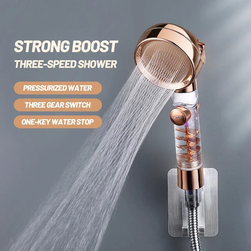 VEHHE New High Pressure 3-function Turbo Handle SPA Shower Head Rainfall with Switch on/Off Button Water Saving Showerhead