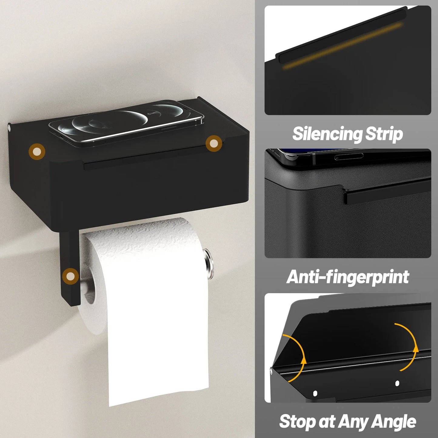 VEHHE VEHHE Toilet Paper Holder With Shelf Adhesive or Screw Toilet Black Paper Roll Holder Wall Mount with Storage