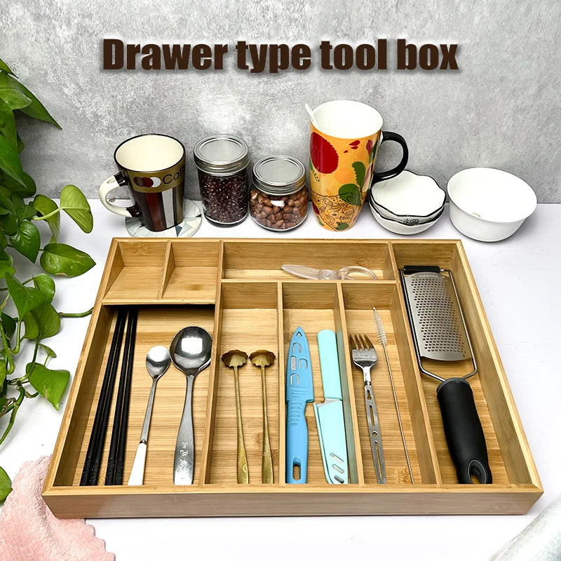 VEHHE Bamboo Kitchen Utensil Holders racks Drawer Tableware Storage Box Wood Organizer Kitchen Tools Knife Fork Spoon Case Container