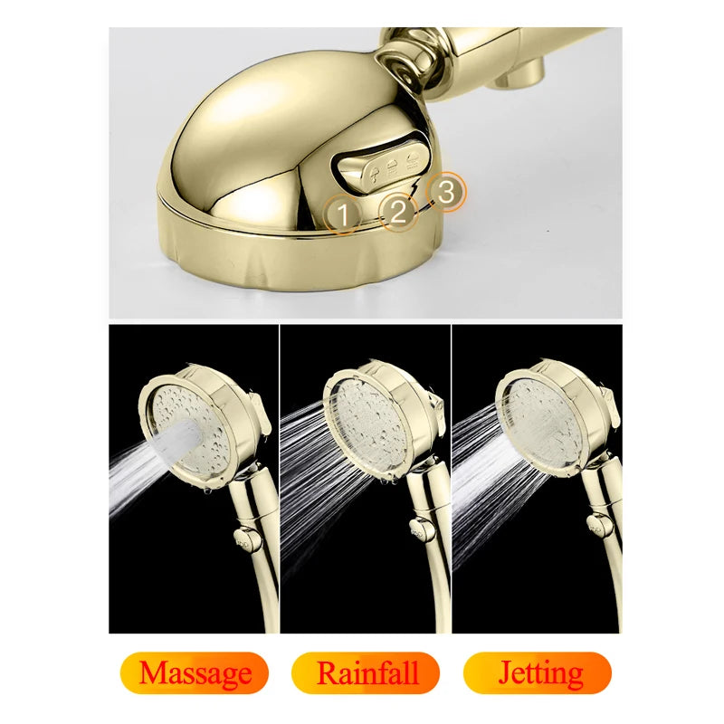 Vehhe 360 Degree Rotating Retro Golden Shower High Pressure 3 Modes with Stop Button Water Saving ABS Plastic Shower Head