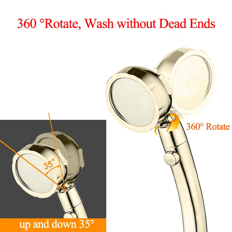 Vehhe 360 Degree Rotating Retro Golden Shower High Pressure 3 Modes with Stop Button Water Saving ABS Plastic Shower Head