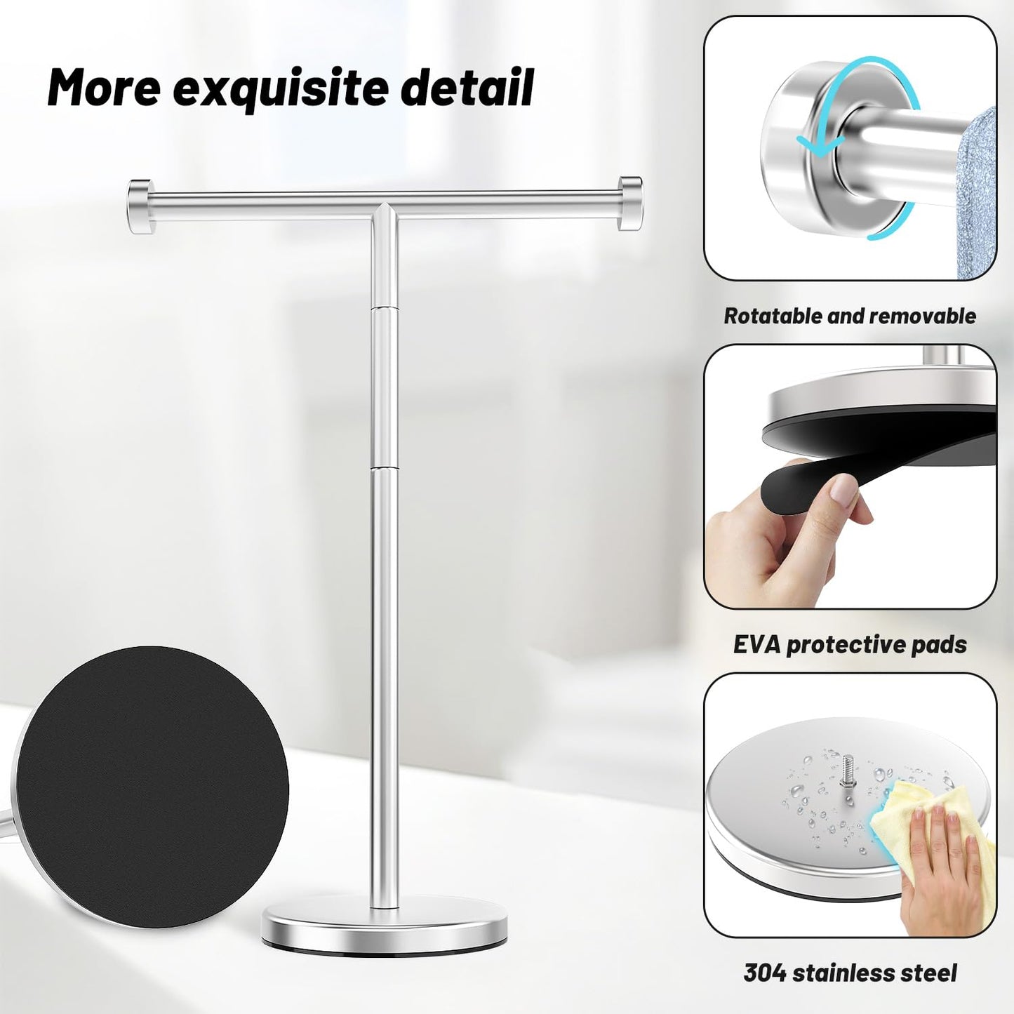 VEHHE T-Shape Hand Towel Holder for Bathroom, Height Adjustable Hand Towel Stand, SUS304 Stainless Steel Towel Holder Stand Non-Slip for Adults, Children(Silver)
