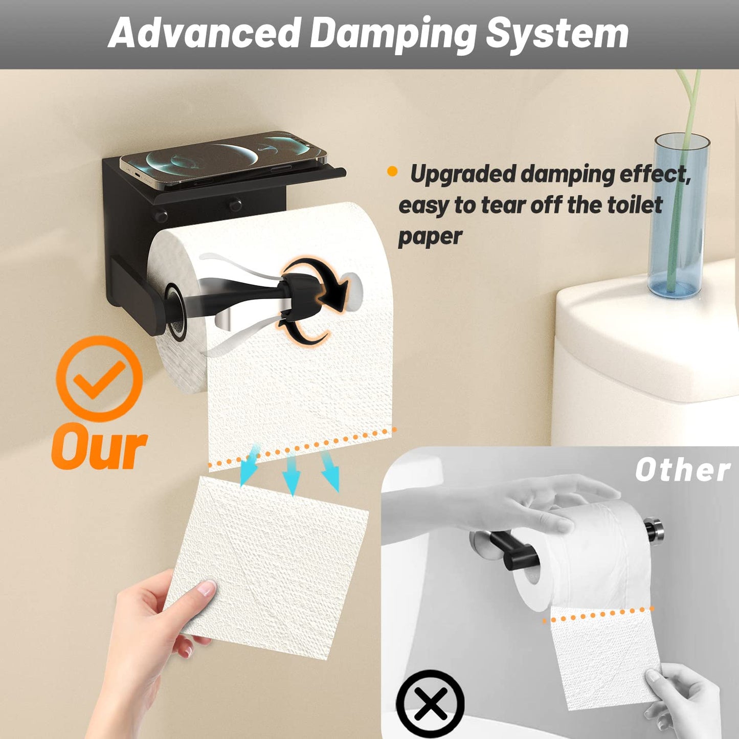 Matte Black Toilet Paper Holder with Shelf, Perfect Tear Stainless Steel