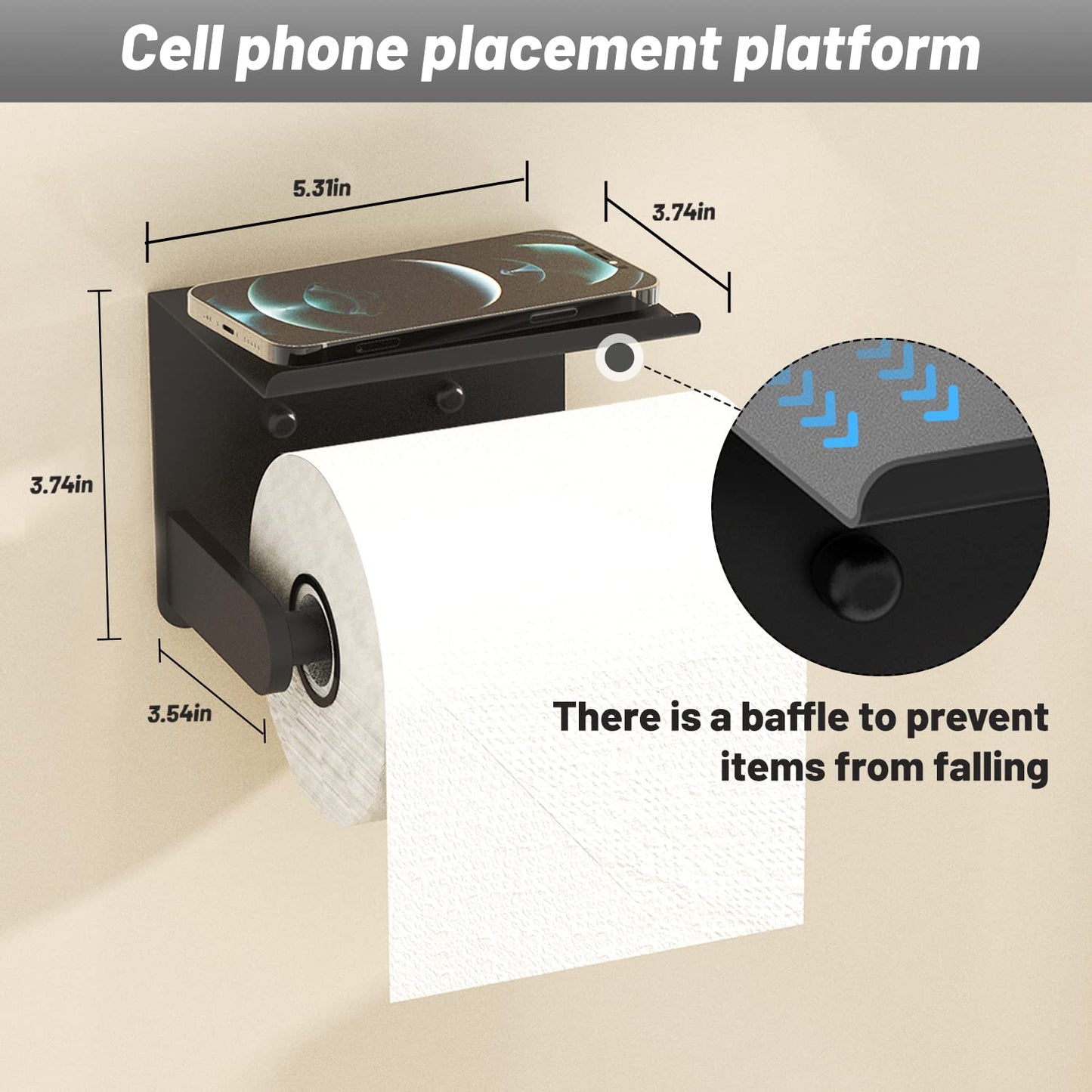 Matte Black Toilet Paper Holder with Shelf, Perfect Tear Stainless Steel