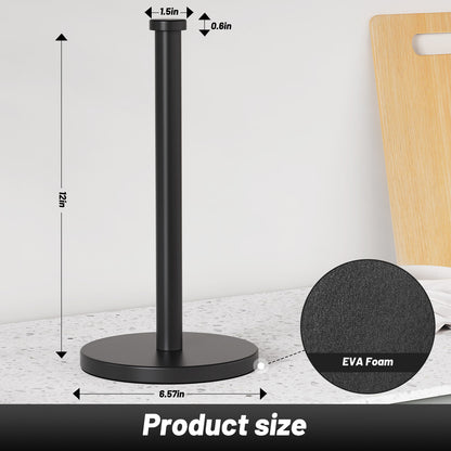 VEHHE Heavy Duty Kitchen Roll Holder – Versatile Stainless Steel Paper Towel Stand with Weighted EVA Non-Slip Base, Waterproof & Rustproof for Home, Bathroom, Outdoor (Black)
