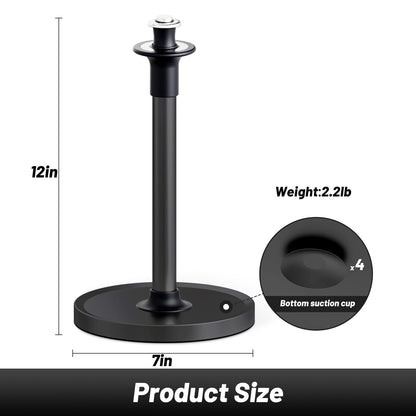 VEHHE Paper Towel Holder Countertop, Black Paper Towel Holder Stand with Spring Damping for Kitchen Bathroom, One Hand Tear Paper Stainless Steel Paper Towel Holder with Weighted Base and Suction Cups