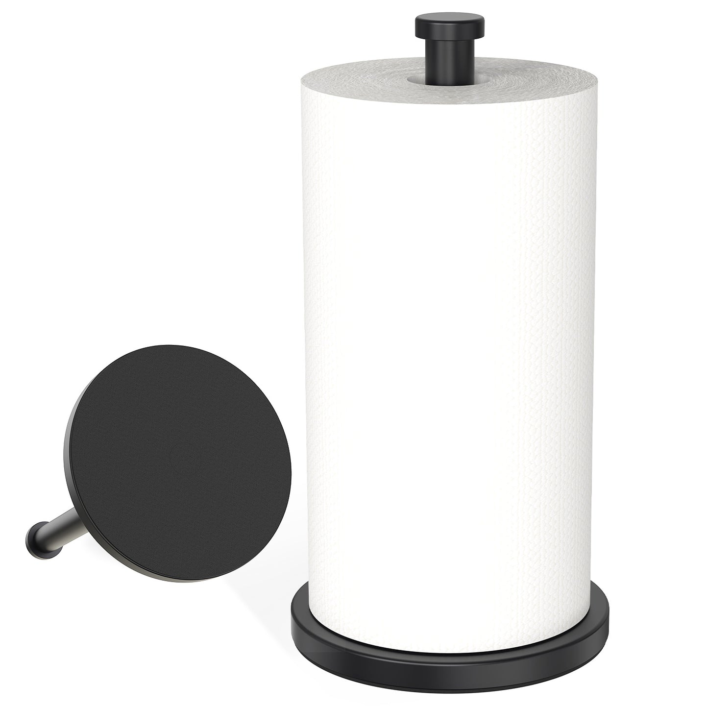 VEHHE Heavy Duty Kitchen Roll Holder – Versatile Stainless Steel Paper Towel Stand with Weighted EVA Non-Slip Base, Waterproof & Rustproof for Home, Bathroom, Outdoor (Black)
