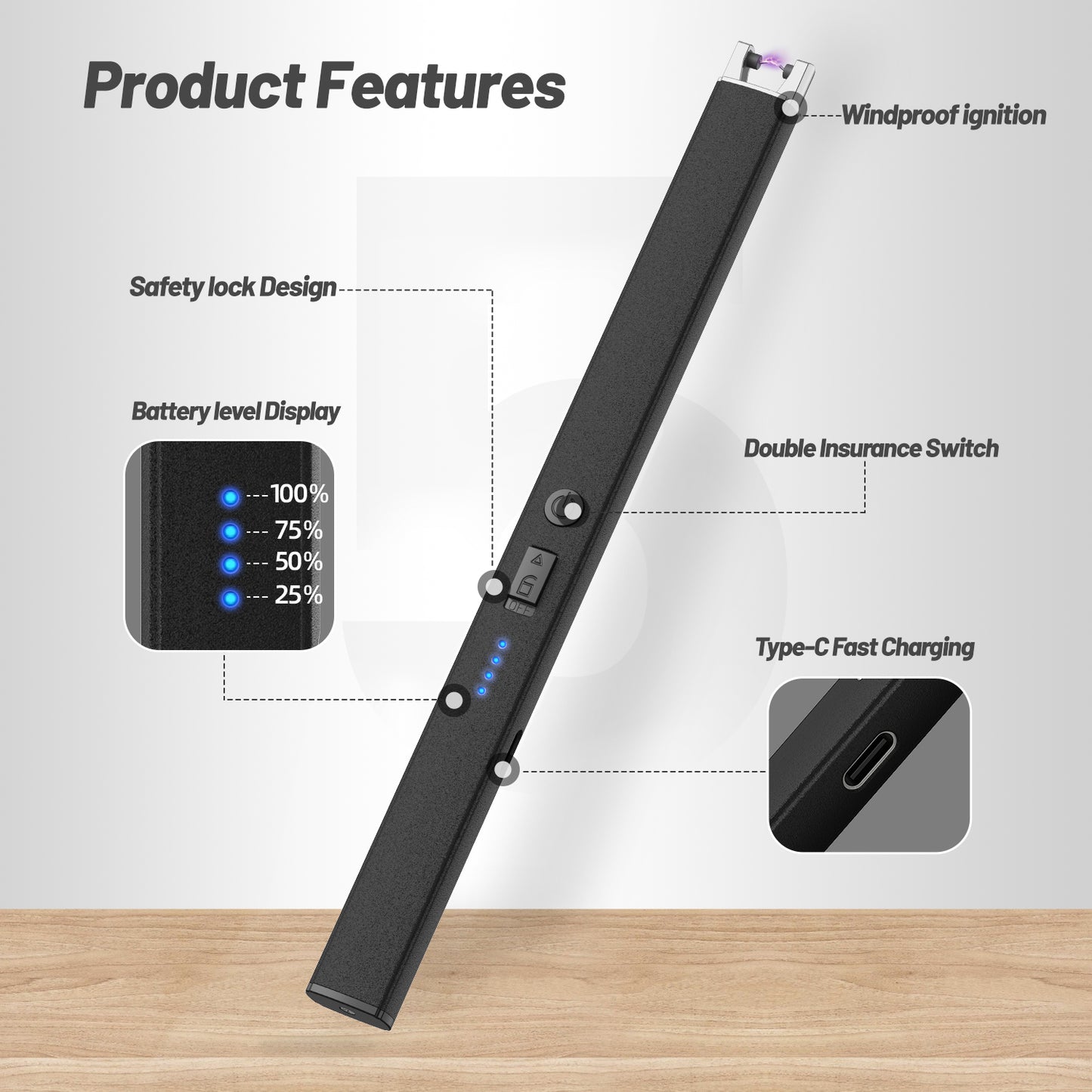 VEHHE Windproof Pulse Electric Lighter – LED Display, Anti-False-Touch Lock, for Candle, BBQ, Camping & Festivals