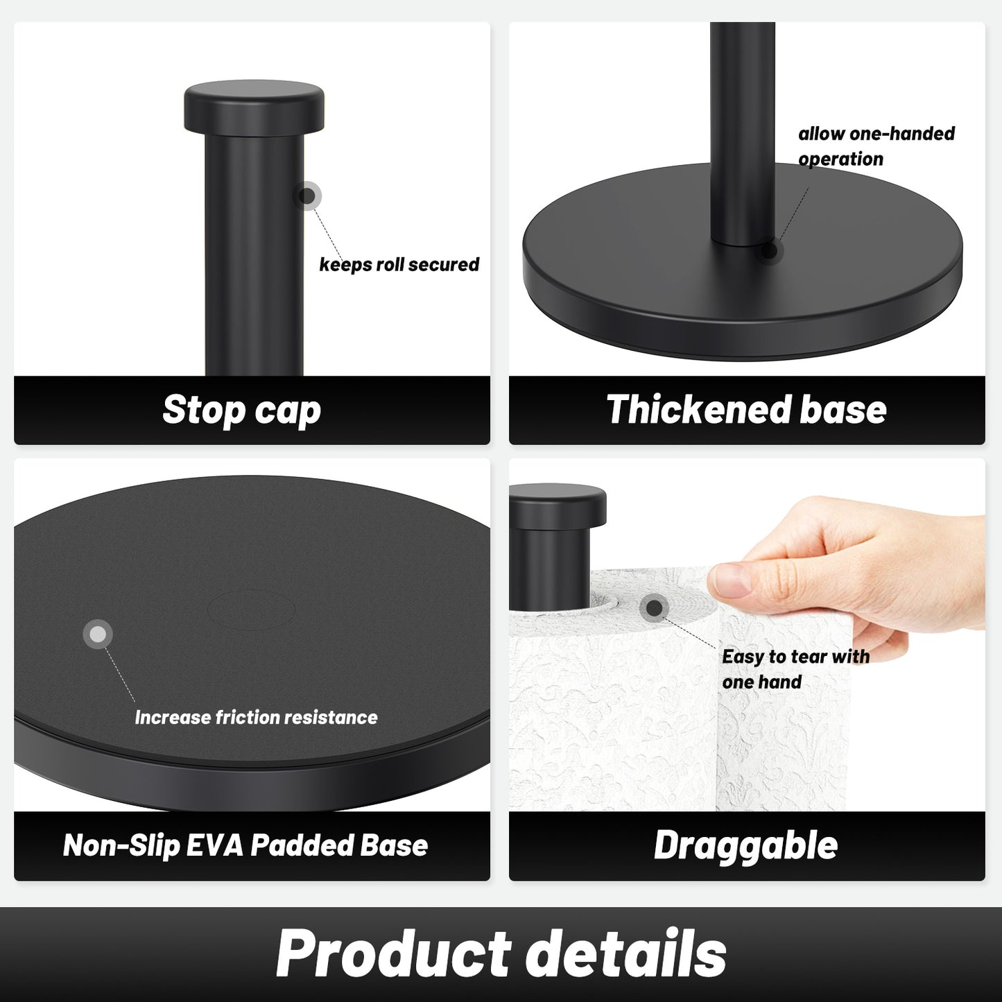 VEHHE Heavy Duty Kitchen Roll Holder – Versatile Stainless Steel Paper Towel Stand with Weighted EVA Non-Slip Base, Waterproof & Rustproof for Home, Bathroom, Outdoor (Black)