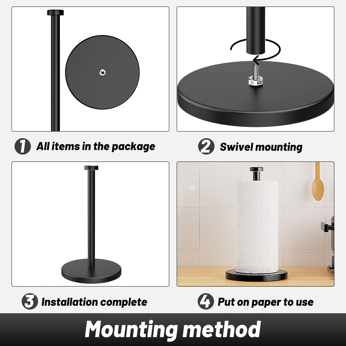 VEHHE Heavy Duty Kitchen Roll Holder – Versatile Stainless Steel Paper Towel Stand with Weighted EVA Non-Slip Base, Waterproof & Rustproof for Home, Bathroom, Outdoor (Black)