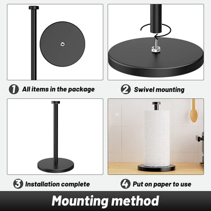 VEHHE Heavy Duty Kitchen Roll Holder – Versatile Stainless Steel Paper Towel Stand with Weighted EVA Non-Slip Base, Waterproof & Rustproof for Home, Bathroom, Outdoor (Black)