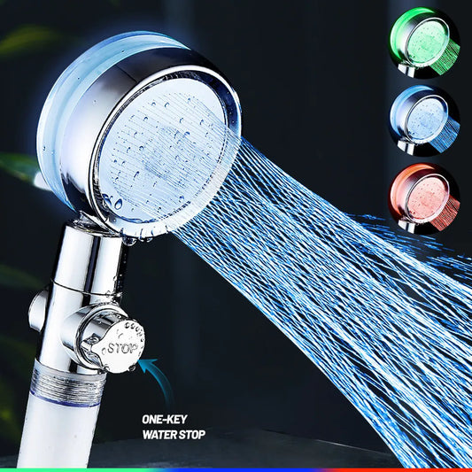 VEHHE 3 Colors LED Temperature Control Water Saving Flow 360 Degrees Rotating with Stop Button and Cotton Filter  Handheld Shower Head