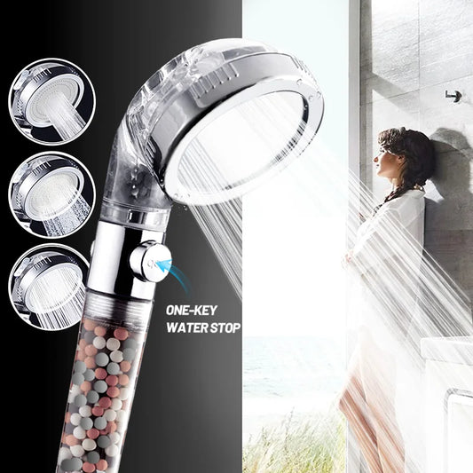 VEHHE 3 Modes Adjustable High Pressure Shower Head Replaceable Beads Filter Spa Bathroom Accessary Showerhead Water Saving Stop Button