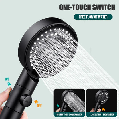 VEHHE New Black Shower Head Water Saving 5 Mode Adjustable Massage One-key Stop Button Shower High Pressure Bathroom Accessories