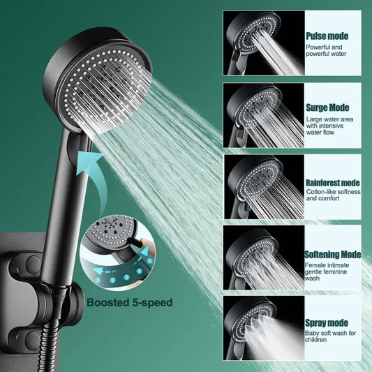 VEHHE 5 Modes Adjustable Black/Silver/Grey Bath Shower Head Head High Pressure Water Saving Showerhead Bathroom Accessories