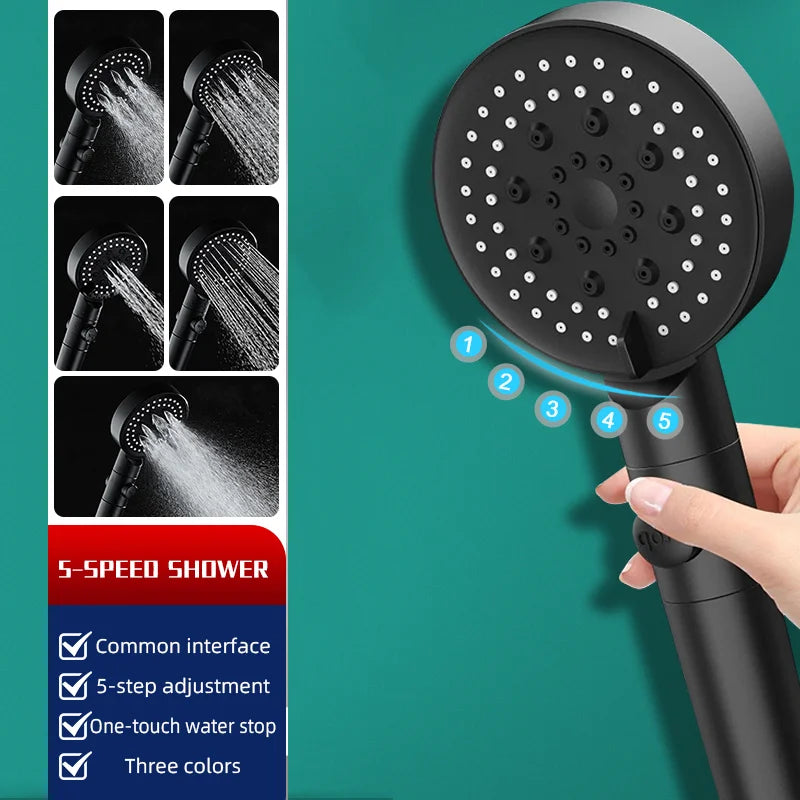 VEHHE New Black Shower Head Water Saving 5 Mode Adjustable Massage One-key Stop Button Shower High Pressure Bathroom Accessories