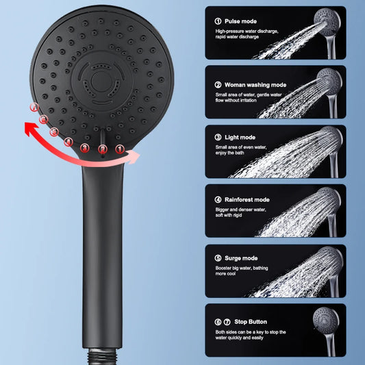 VEHHE 7 Modes Shower Head Adjustable Jetting Rainfull ShowerHead Water Saving Handheld Shower Black Bathroom Accessories